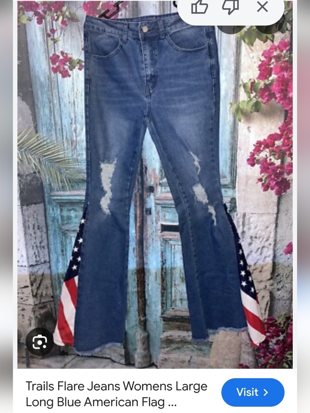 Women's American Flag Ripped Bell Bottom Jeans - Blue - Picture 2 of 3